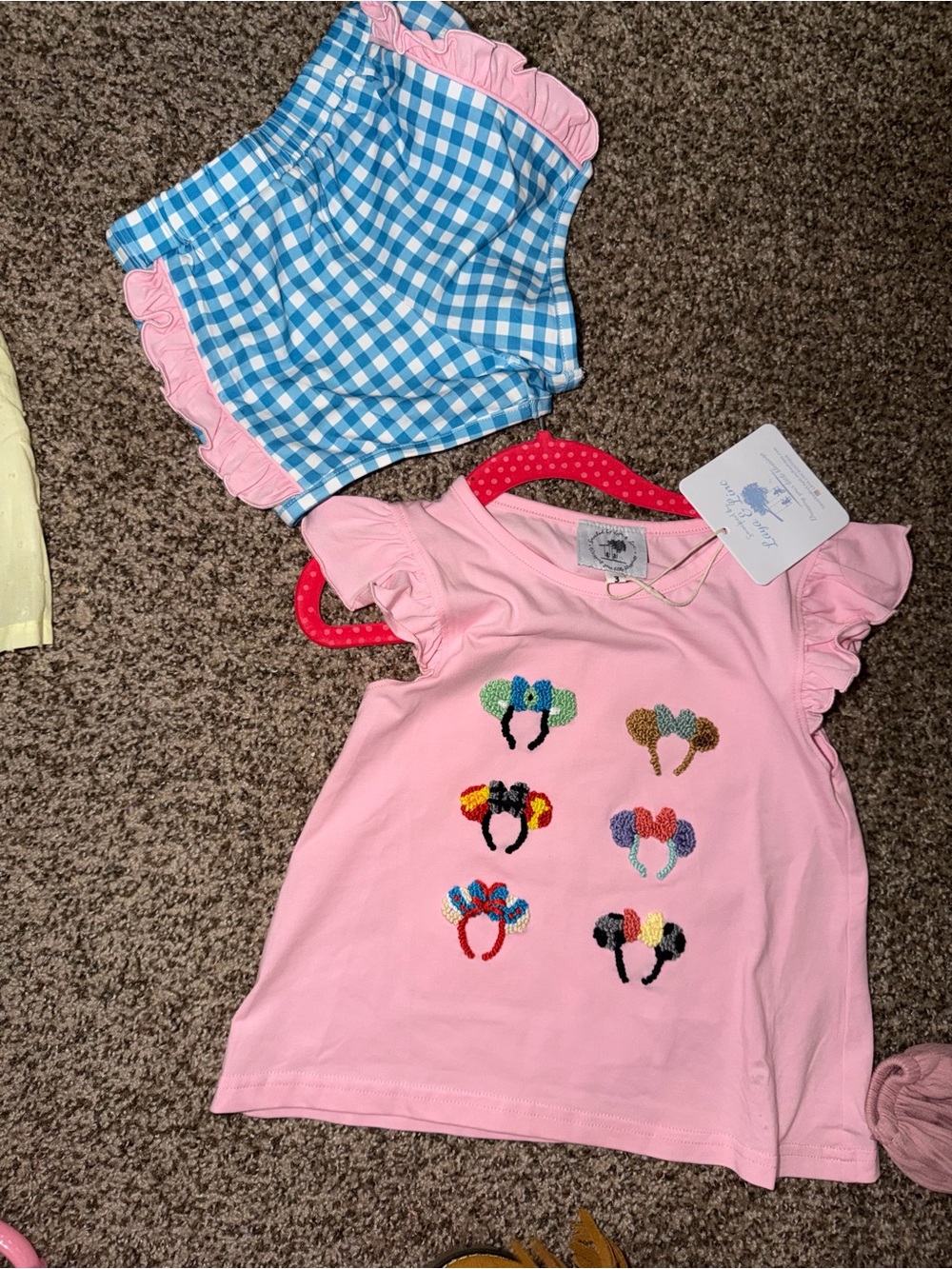 French knot Mickey ears. Ruffle shorts